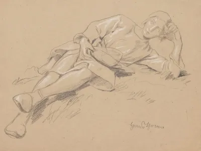 Study Of The Figure Of A Young Man In A Robe To His Knees Lying On His Left Side Resting His Head On His Left Hand