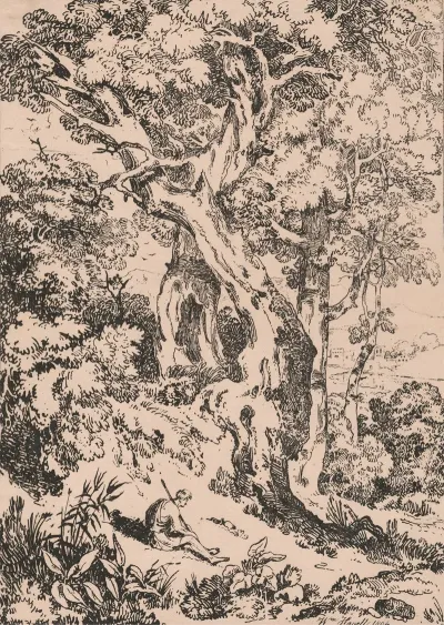 Study Of Trees And Scrubs With Seated Male Figure