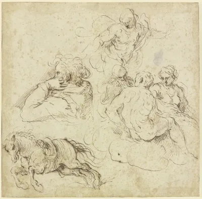 Study Sheet With Galloping Horse A Woman In Profile Looking Left A Group Of Figures On Clouds And An Angel