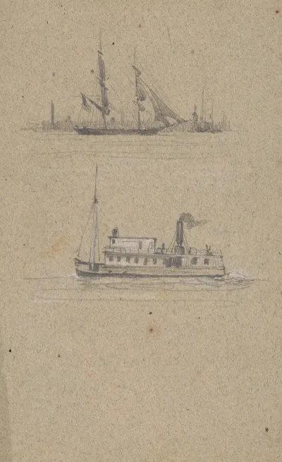Study Sketches Of Two Ships A Sailing Ship And A Steamship Possibly A Ferry