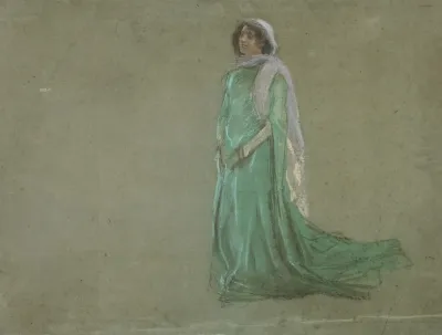 Study Woman In Long Green Dress Pink Scarf