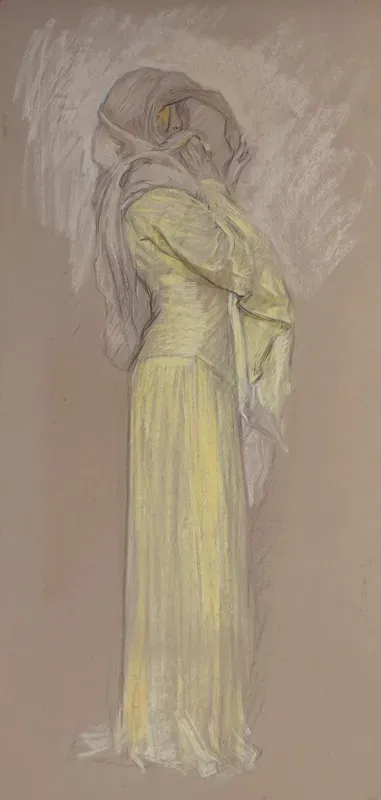 Study Woman In Yellow Dress With Brown Veil Over Face