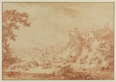 Sudliche Fluslandschaft Mit Rundtempel Wasserfall Und Zwei Figuren