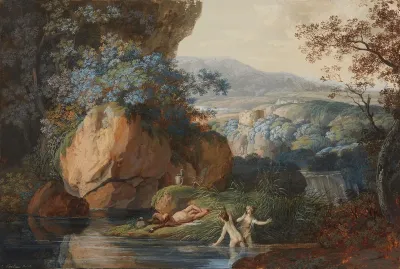 Sudliche Landschaft Mit Schlafendem Faun Und Zwei Badenden