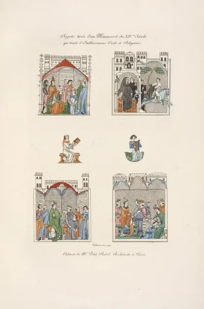 Sujets Tires Dun Manuscrit Du Xive Siecle Qui Traite Detablissemens Civils Et Religieux
