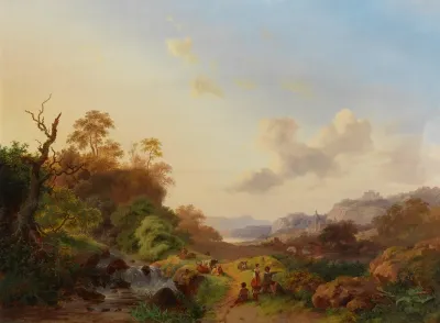 Summer Landscape With Figures And Cattle Near A Waterfall