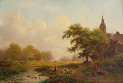 Summer Landscape With Sheperds And Cattle Near A Village