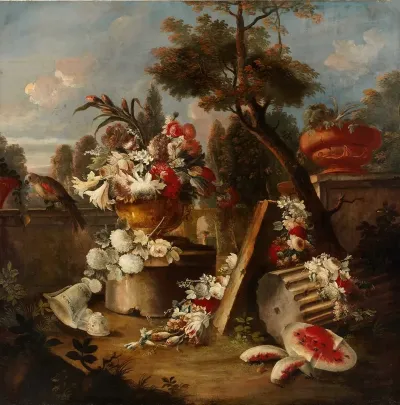 Sumptuous Floral And Fruit Still Life In An Extensive Landscape