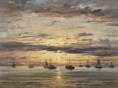 Sunset At Scheveningen A Fleet Of Fishing Vessels At Anchor