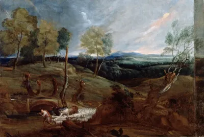 Sunset Landscape With A Shepherd And His Flock