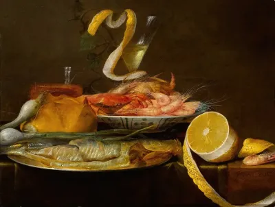 Tabletop Still Life Including A Herring On A Pewter Dish A Porcelain Bowl Of Shrimp A Wine Glass And A Partially Peeled Lemon