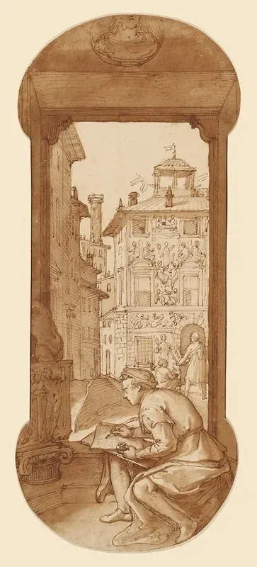 Taddeo Drawing After The Antique In The Background Copying A Facade By Polidoro