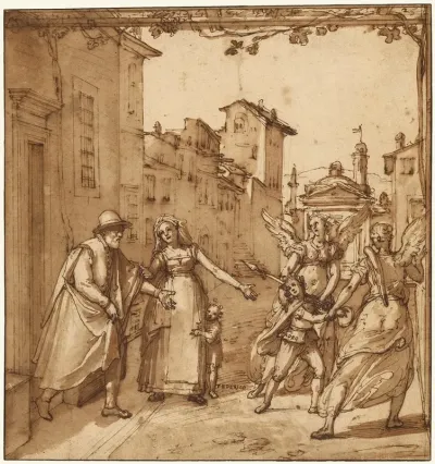 Taddeo Leaving Home Escorted By Two Guardian Angels
