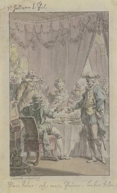 Tafelszene Ein Ritter Tritt An Den Gedeckten Tisch Heran Und Begrust Einen Sitzenden Ritter