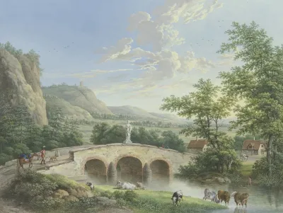 Tallandschaft Mit Einer Steinernen Brucke Auf Deren Brustung Eine Antike Skulptur Aufgestellt Ist