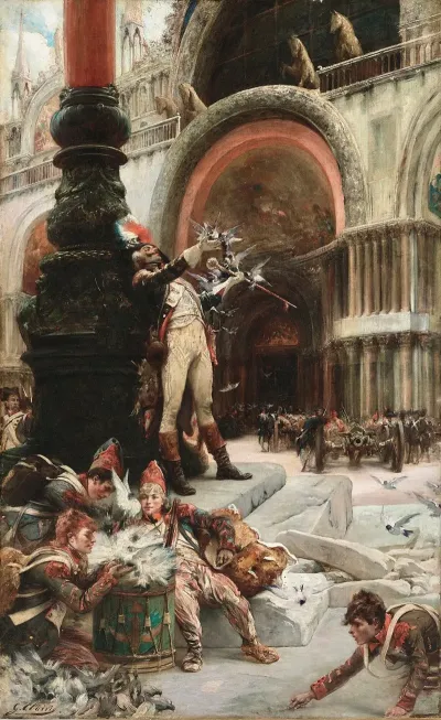 Tambour Major De Larmee Francaise Donnant A Manger Aux Pigeons De La Place Saint Marc A Venise