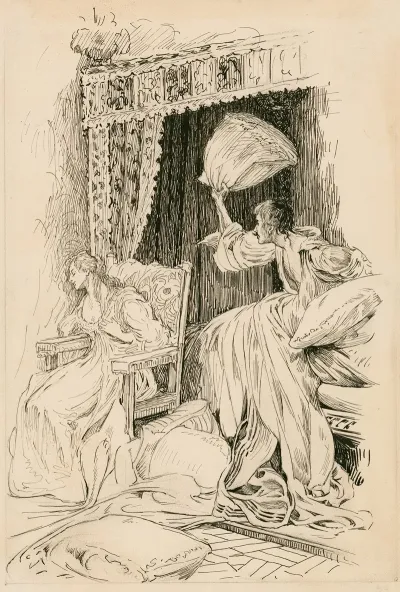 Taming Of The Shrew Throwing The Pillows Bedclothes About The Room So That She Was Forced To Sit Down In A Chair