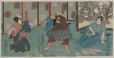 Tanizawa Tanomo Wakato Kihei Iwafuji Meshitsukai Chiyo — Utagawa Kuniyoshi Kanvas Tablo