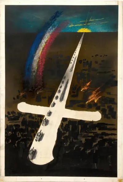 Tanks Pointing Into Sun On Horizon With A Red White And Blue Quarter Section Rainbow Overhead