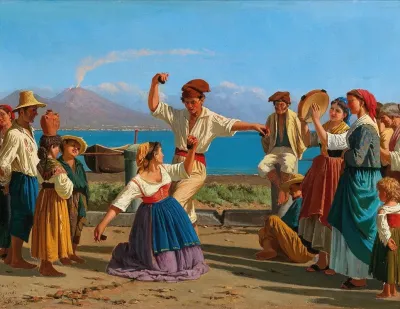 Tarantella Naples With Vesuvius In The Background