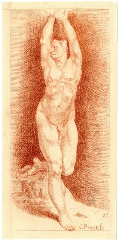 Tekening Van Staande Naakte Man Met Opgeheven Armen