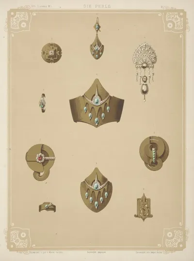 Ten Designs For Jewelry Including Gold Pointed Bracelet With Green Stones