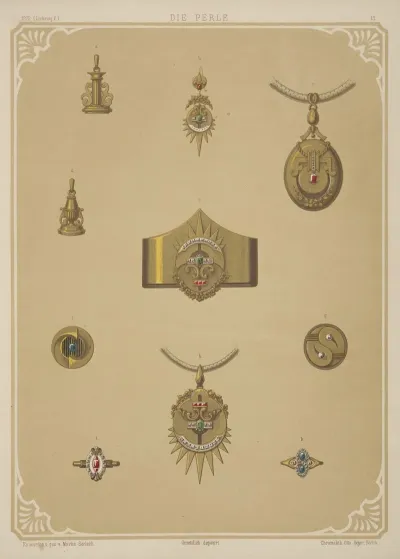 Ten Designs For Jewelry Including Pointed Gold Bracelet With Diamonds And Red And Green Stones