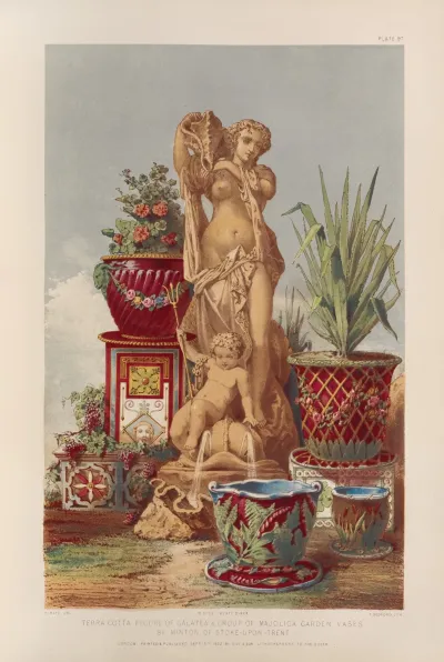 Terra Cotta Figure Of Galatea Group Of Majolica Garden Vases