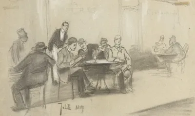 Terras Van Een Cafe Restaurant Met Tekenende Kunstenaar