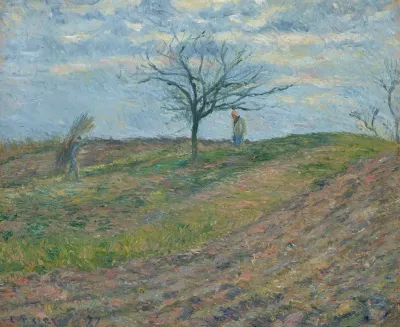 Terre Labouree En Hiver Avec Un Homme Portant Un Fagot