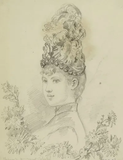 Tete De Femme De Trois Quarts Avec Haute Coiffe De Plumes