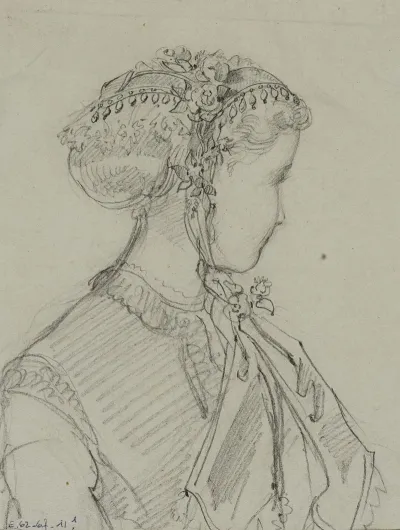 Tete Feminine Avec Coiffe Fleurie Nouee Sous Le Menton