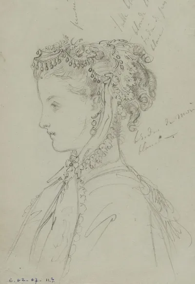 Tete Feminine De Profil Avec Coiffe Fleurie Nouee Sous Le Menton