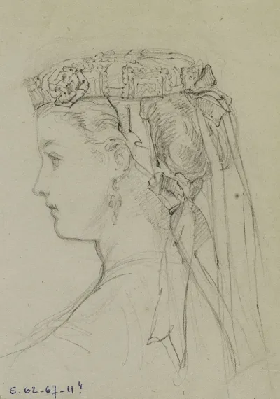 Tete Feminine De Profil Avec Toque A Fleurs Et Rubans Noues Derriere