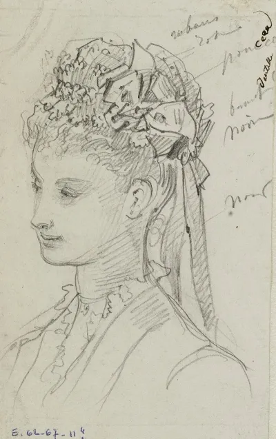 Tete Feminine De Trois Quarts Avec Coiffe De Rubans Et De Volants