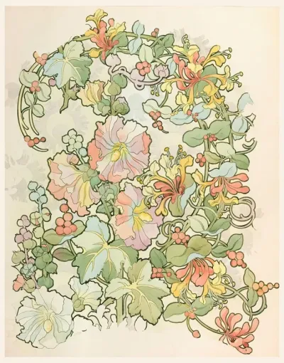 Textile Design Honeysuckle And Hollyhocks