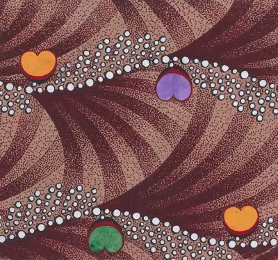 Textile Design With Horizontal Undulating Strips Of Pearls With Alternating Offsetting Bundles Of Pearls And Heart Shapes Over A Background Of Alternating Overlapping Scales