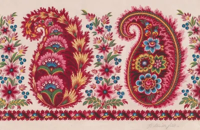 Textile Design With Paisley Motifs And Garlands Of Berry Sprays And Stylized Flowers