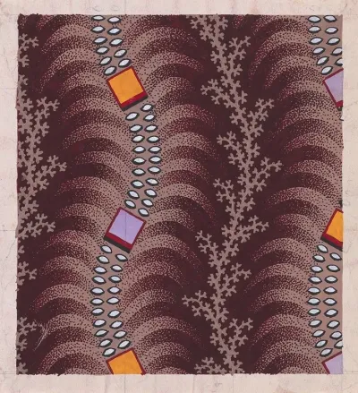 Textile Design With Undulating Vertical Strips Of Squares Joined By Lens Shaped Pearls Over Undulating Stylized Palm Leaves Separated By Vertical Garlands Of Branches