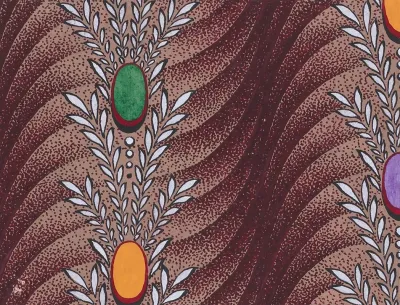 Textile Design With Vertical Garlands Of Stylized Leaves Pearls And Ovals Over A Background Of Overlapping Scales