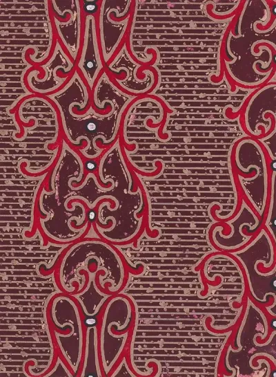 Textile Design With Vertical Strips Of Pearls Framed By Ornamental Scrolling Motifs Over A Striped Background With Dots