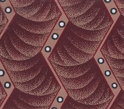 Textile Design With Vertical Strips Of Zig Zagging Ribbons Decorated With Pearls Over A Background Of Overlapping Scales