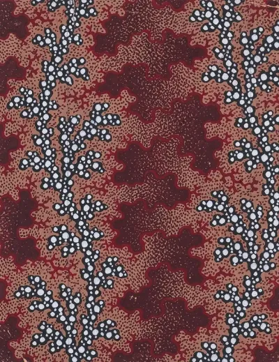 Textile Design With Vertical Undulating Garlands Of Pearls Separated By Vertical Strips Of Vermicular Pattern Over A Stippled Background