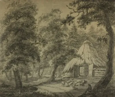 Thatched Hut In Woods With Shepherd And Sheep