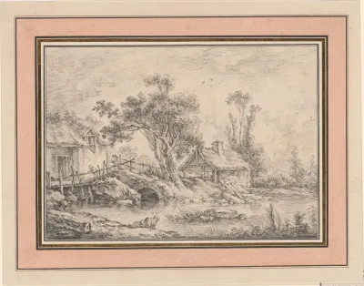 Thatched Mill Cottage And Shed With Two Trees At The Edge Of A Stream