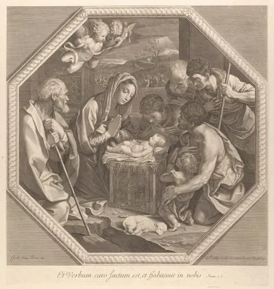 The Adoration Of The Shepherds Who Kneel Together At Right Before The Infant Christ