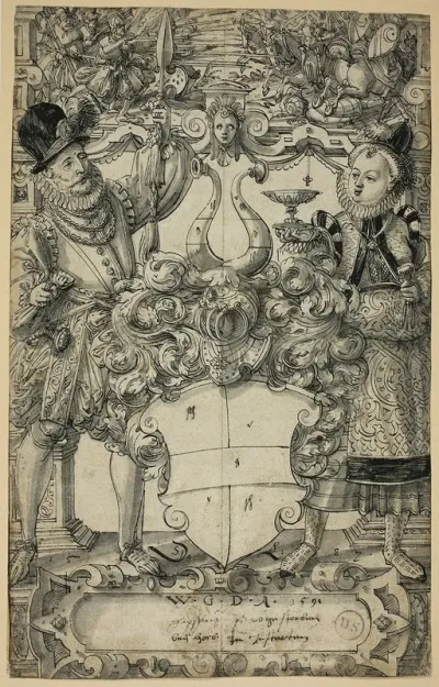 The Arms Of Habsberg Flanked By An Elegant Couple