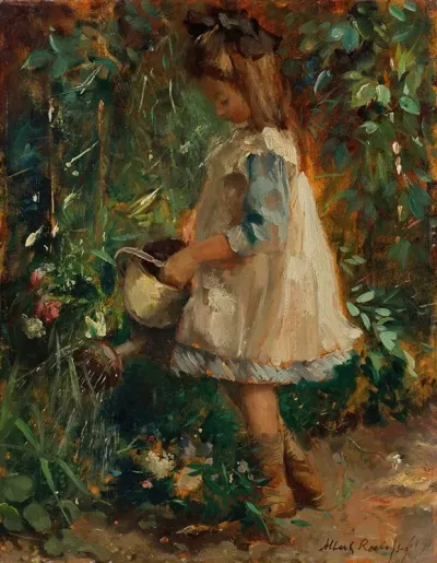 The Artists Daughter Albertine In The Garden Watering The Flowers