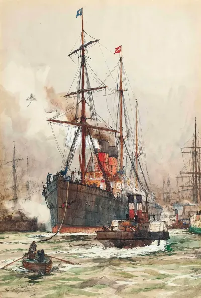 The Aurania Under Escort As She Leaves The Harbour At Liverpool