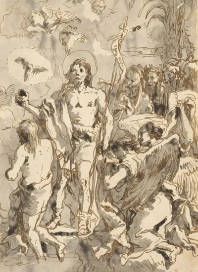 The Baptism Of Christ With Christ Half Kneeling At Left His Back Turned And The Baptist Full Faced At Center Looking Up